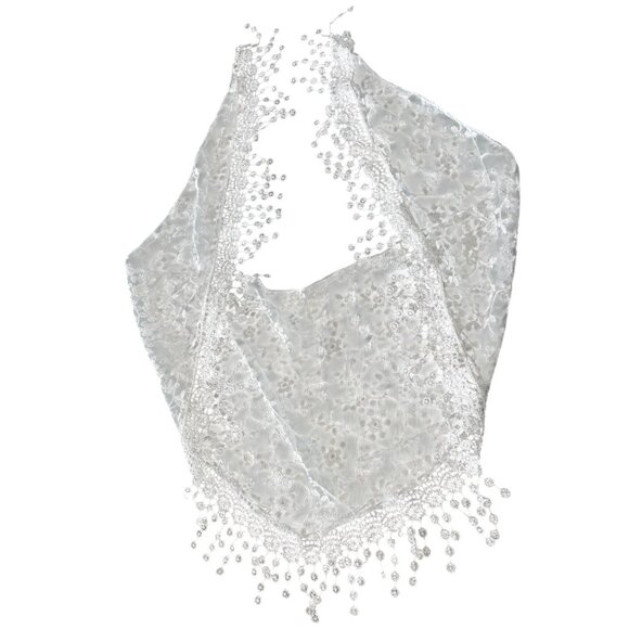Sheer Floral Lace Shawl Scarf Elegant White Mesh Embroidered Triangle Bohemian - Picture 1 of 5